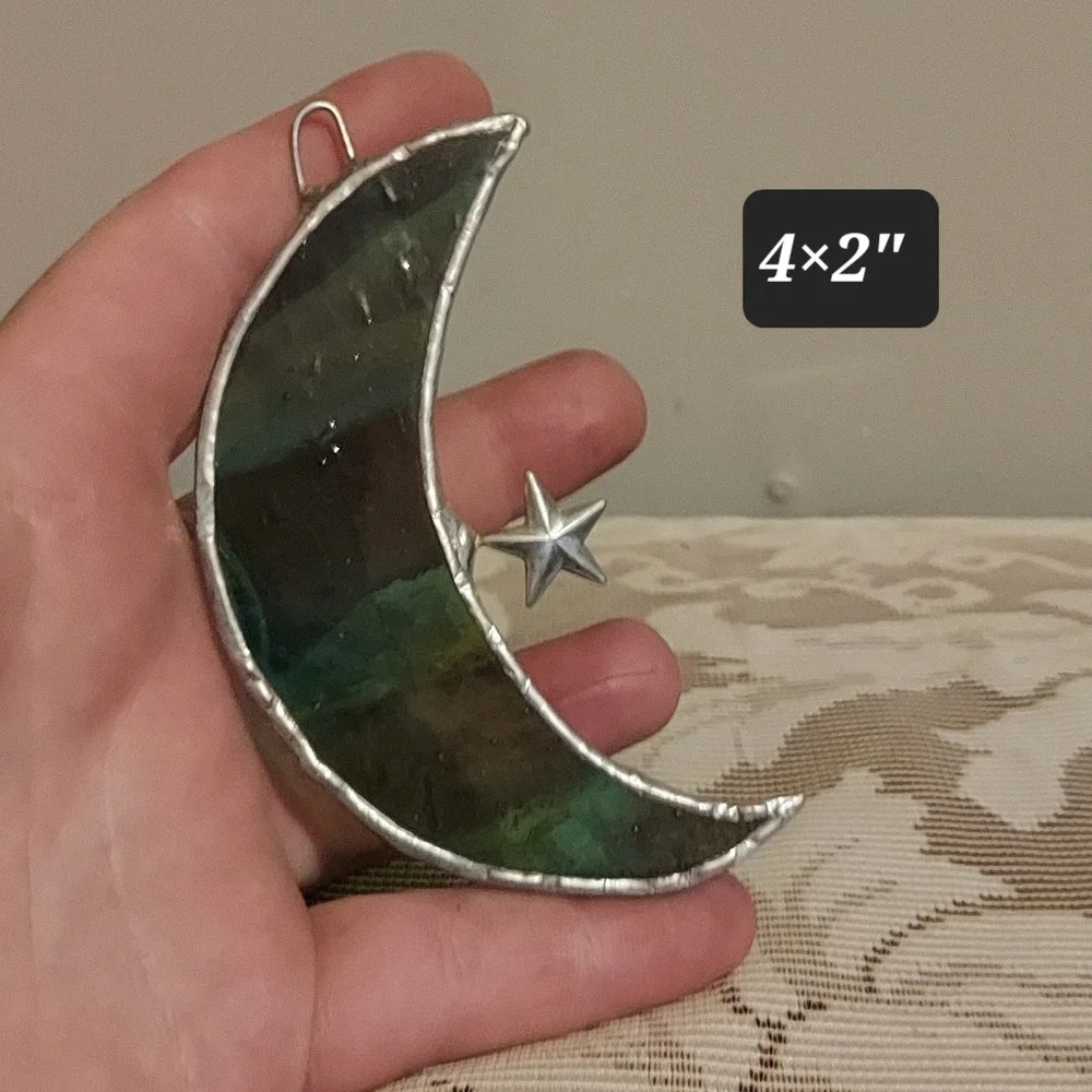 Handmade Stained Glass Crescent Moon Suncatcher Emerald Green Black Star 4x2in